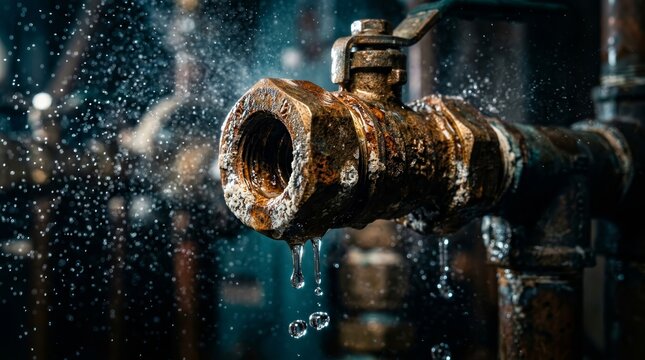 Close-up of a leaking metal pipe fitting and corroded backflow preventer during plumbing repair.