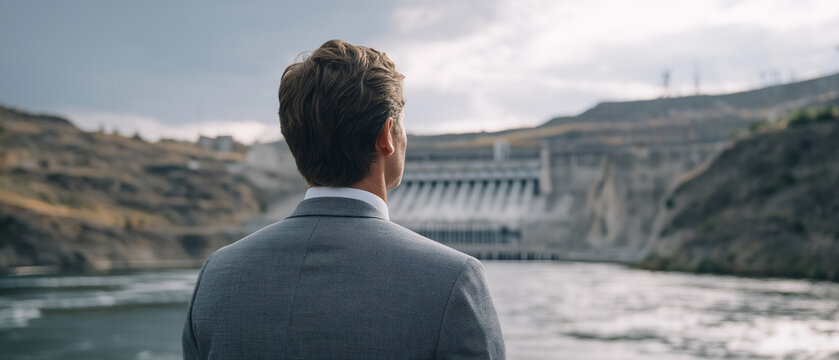 Visionary Architect of Power: A distinguished man in a sharp suit stands gazing at a colossal hydroelectric dam, symbolizing human ingenuity and the harnessing of natural forces.