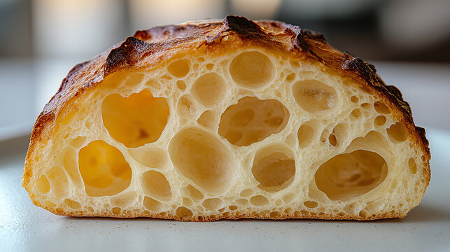 Slicing a freshly baked sourdough loaf on a wooden cutting board, golden-brown exterior to reveal the airy, soft crumb inside.
