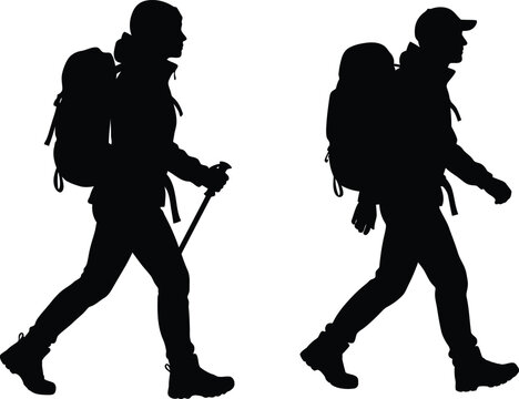 Silhouette of two hikers walking with backpacks on a white background