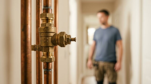 Close-up of a plumbing backflow preventer installation with a technician blurred in the background.