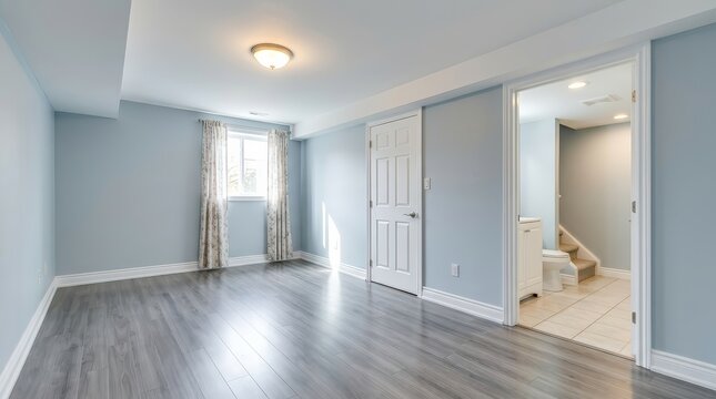 A basement remodeling scene showing an open bathroom and renovated living area.