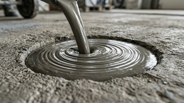 Close-up of pouring a cement patch into a concrete crack for surface restoration.