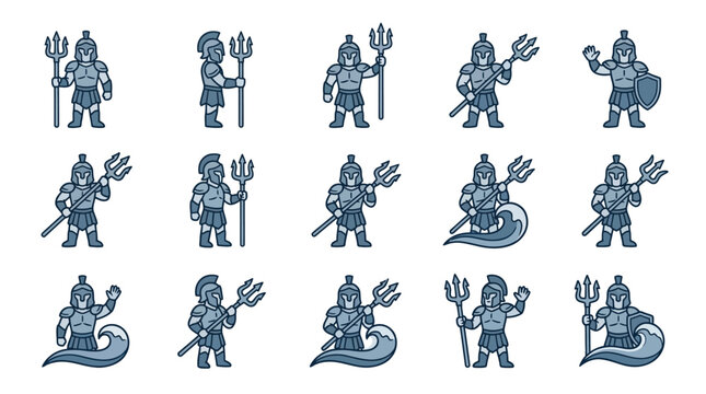 Ancient blue gladiator warrior mascot icons with trident.