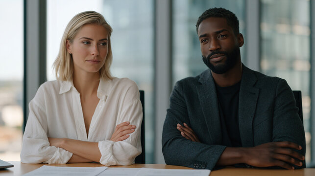 Two co-founders seated across from each other in a sparse conference room, legal documents between them, arms crossed, tension palpable in their expressions, acquisition