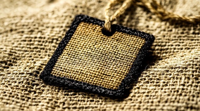 A blank brown burlap tag resting on a textured linen fabric background.