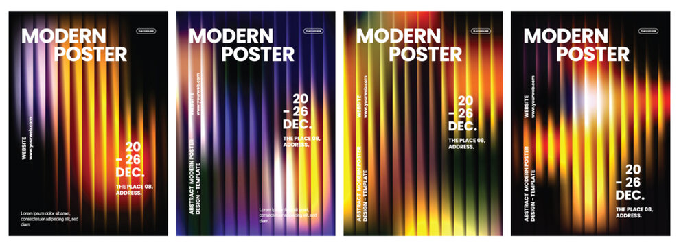 Modern vertical posters set featuring abstract glowing golden and purple light streaks with clean white typography for event design layouts