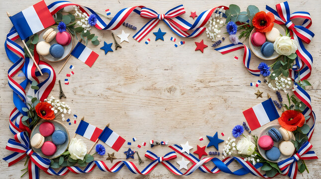 French flag ribbons and macarons on a rustic concrete background