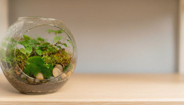 Moss Terrarium with Stones and Water Droplets
