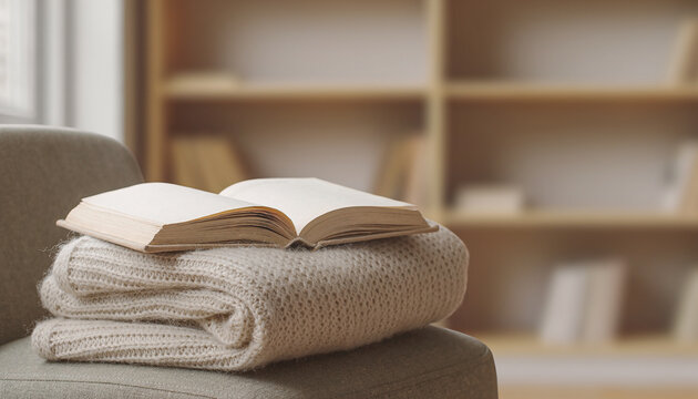 Cozy Reading Nook with Knit Blanket and Book