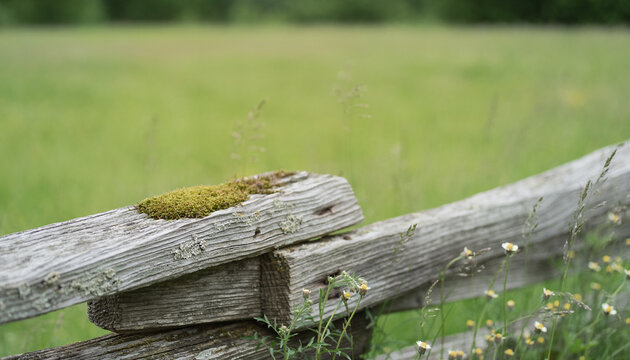 Weathered Wooden Fence in Countryside Meadow