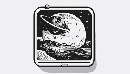 Black and white illustration of a ringed planet. © muh ikhsan muliadi