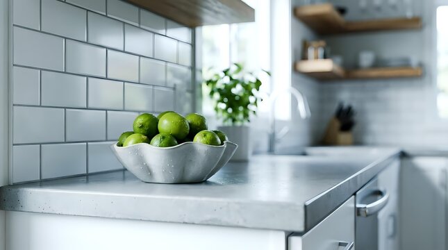 Fresh green apples in white bowl on modern kitchen counter with subway tile backsplash and open shelving for culinary and home decor projects.