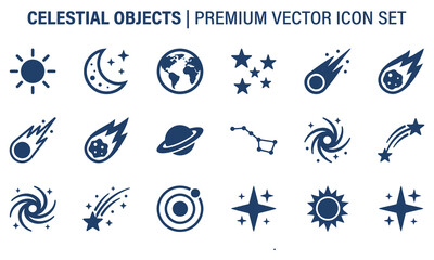 Celestial Objects Vector Icon Set with Sun Moon Stars Planets Comets and Galaxy © MSTMASUMA