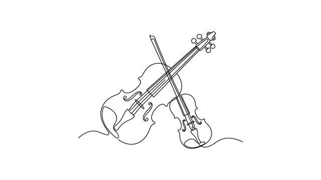 Continuous single line drawing of two violins with bows.