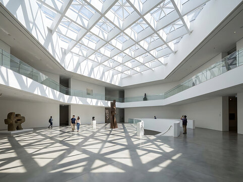 Bright modern museum atrium interior with skylight and open space