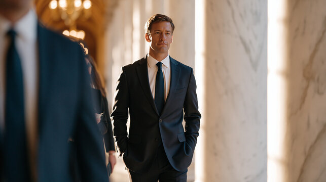 Legislative aide rushing folded amendment text toward floor vote as senator reviews it in marbled corridor, legal counsel walking alongside taking rapid notes while security