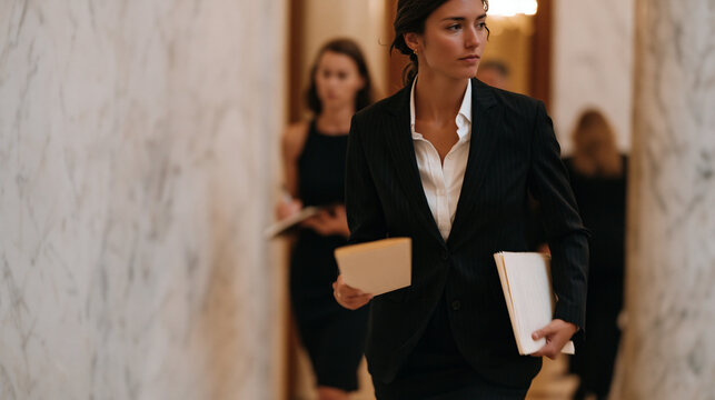 Legislative aide rushing folded amendment text toward floor vote as senator reviews it in marbled corridor, legal counsel walking alongside taking rapid notes while security