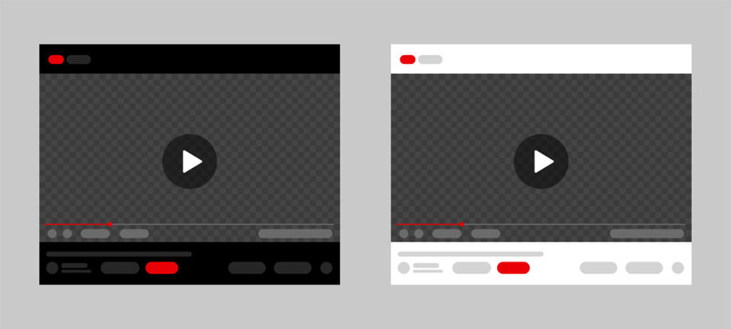 Multimedia youtube video player mockup, play video window with navigation icons, modern video player interface template in light and dark mode