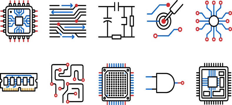 Electronic Circuit and Microchip Technology Icon Set Featuring Processor Components, Digital Logic Gates, PCB Connections and Semiconductor Symbols