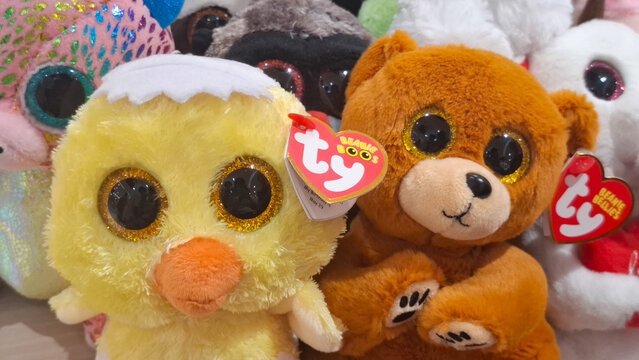 Cute Ty Beanie Boos plush toy dolls with big glitter eyes and heart shaped tags on display soft fluffy teddy bear and chick collectible merchandise on June 2, 2026 in Bangkok, Thailand