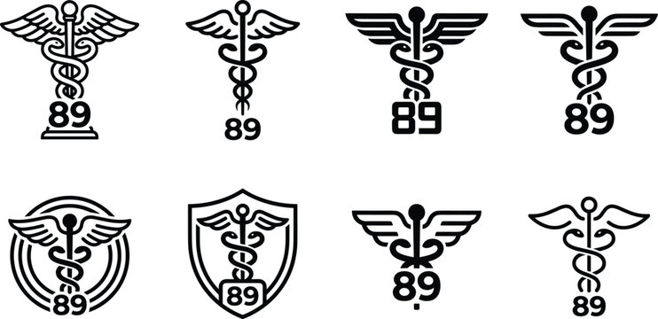Medical Caduceus Symbol and Pharmacy Icon Set for Healthcare Software Apps and Clinical Shield Logo Designs