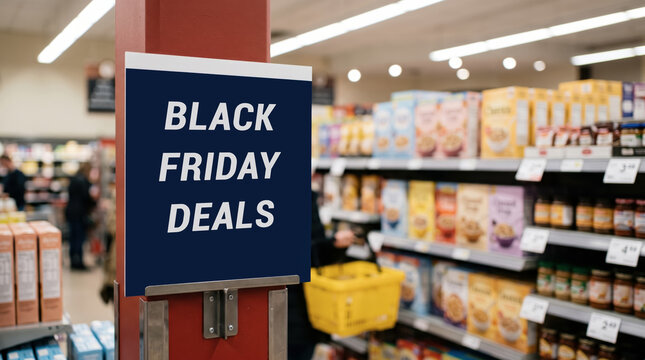 Black Friday Deals Sign in Supermarket Aisle Promoting Retail Discounts and Holiday Shopping Offers