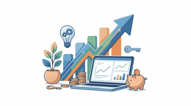 A laptop displaying graphs next to a piggy bank coins and a plant
