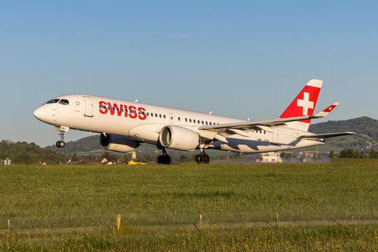 Swiss Airbus A220-300 airplane at Zurich airport in Switzerland