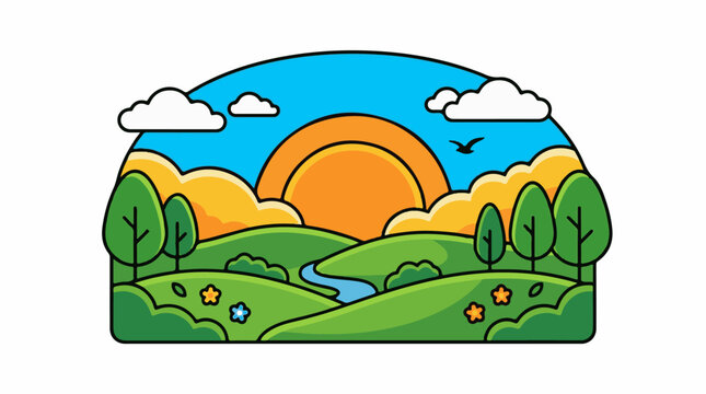 A cartoon landscape with rolling hills trees flowers and a sunset