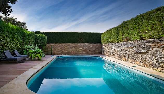 swimming pool backyard design enriched with green garden plants and textured stone wall