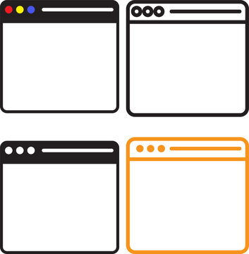 Web browser window flat outline icon set with blank internet page wireframe mockup and colorful tab button design. Minimalist computer screen interface elements isolated on white background