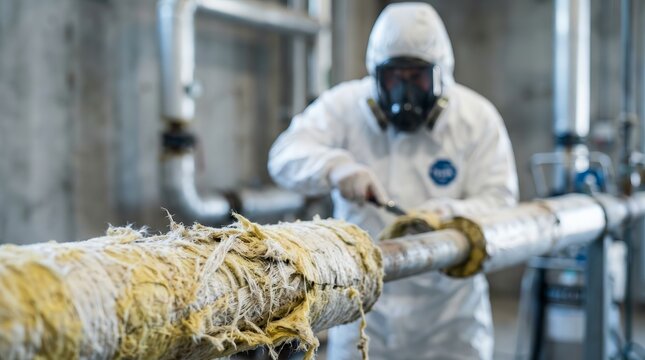 Remediation professional wearing protective gear removing hazardous asbestos from industrial pipes.