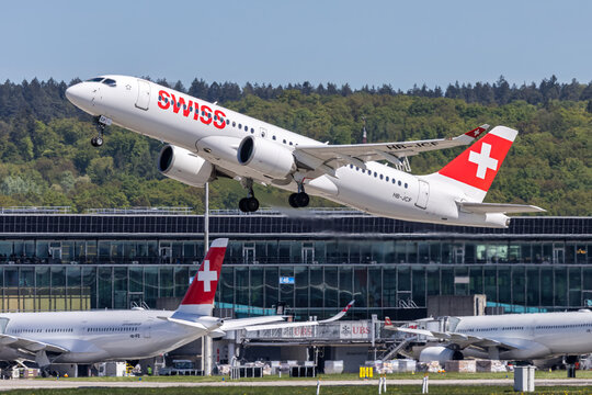 Swiss Airbus A220-300 airplane at Zurich airport in Switzerland