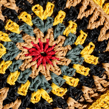A colorful raffia granny square. A close-up of the texture of the raffia knit.