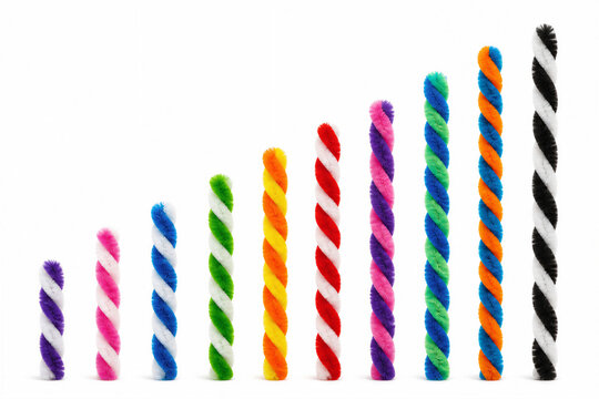 Colorful twisted pipe cleaners standing in ascending order