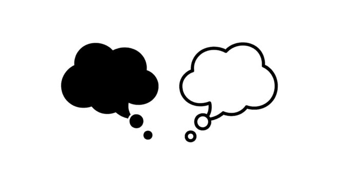 Minimal black silhouette icon, simple flat vector, bold black shape, no gradients, no shading black and white thought bubbles on a, flat icon style