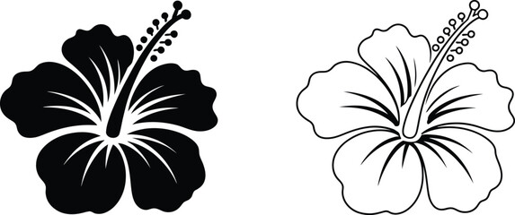 Hibiscus flower icon set with solid black and outline blooming tropical hawaiian floral symbol collection © Rezia