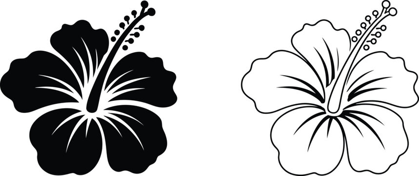 Hibiscus flower icon set with solid black and outline blooming tropical hawaiian floral symbol collection