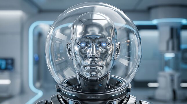 Shiny metallic robot head with clear helmet in futuristic laboratory setting with blue lights
