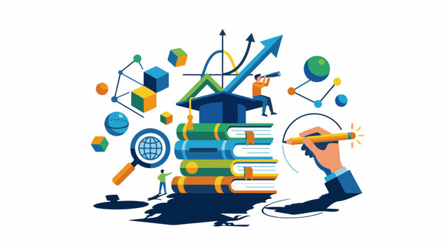 A colorful illustration shows a stack of books with a graduation cap on top and people engaging with various learning to