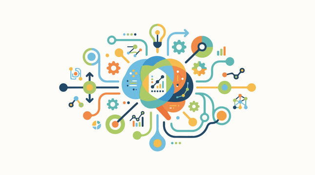 A colorful infographic featuring various symbols and graphs in a circular pattern