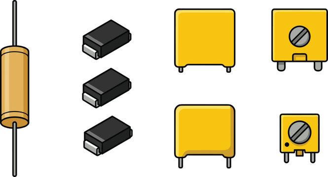 Electronic components vector illustration set featuring axial film capacitor smd surface mount diodes yellow tantalum capacitors and trimmer potentiometer elements on white background