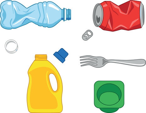 Recyclable Waste and Plastic Pollution Vector Icon Set Featuring Crushed Water Bottle Crumpled Aluminum Can Detergent Jug Fork and Yogurt Cup