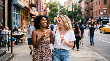 Fototapeta premium two happy diverse young women laughing and eating ice cream cones while walking on a busy city sidewalk in summer