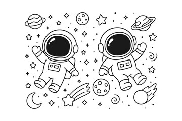 Two cute cartoon astronauts floating in space with planets, stars, and comets in a simple black and white line art © BWKit