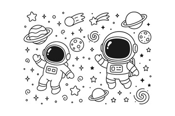 Two cute astronauts floating in space with planets and stars drawn in a simple black and white line art style © BWKit