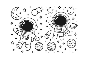 Two cute astronauts floating in space with planets, stars, and comets drawn in a simple black and white line art style © BWKit