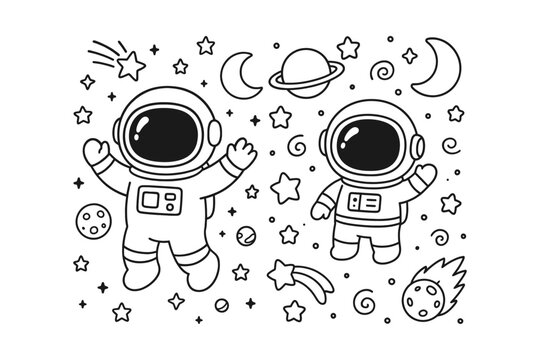 Cute hand drawn cartoon astronauts floating in outer space wearing white suits with helmets in a simple black line art style