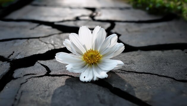 a white flower emerges through cracked dark concrete contrasting fragility with strength this powerful image represents resilience growth and the triumph of life over adversity